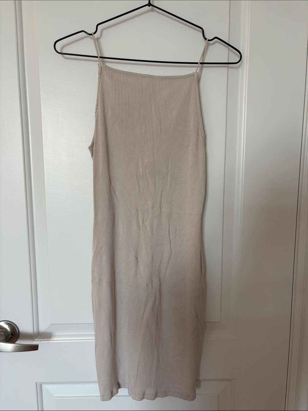 H&M Ribbed Spaghetti-Strap Midi Dress in Light Taupe